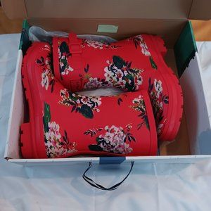 JOULES Molly Welly Mid-Height Red Floral Rubber Rain Boots